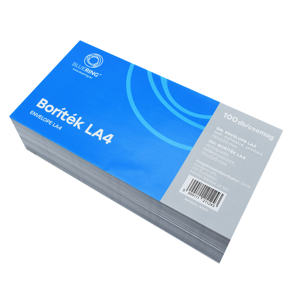 Boríték LA4 öntapadó bélésnyomott 110×220mm Bluering® 100 db/csom fehér