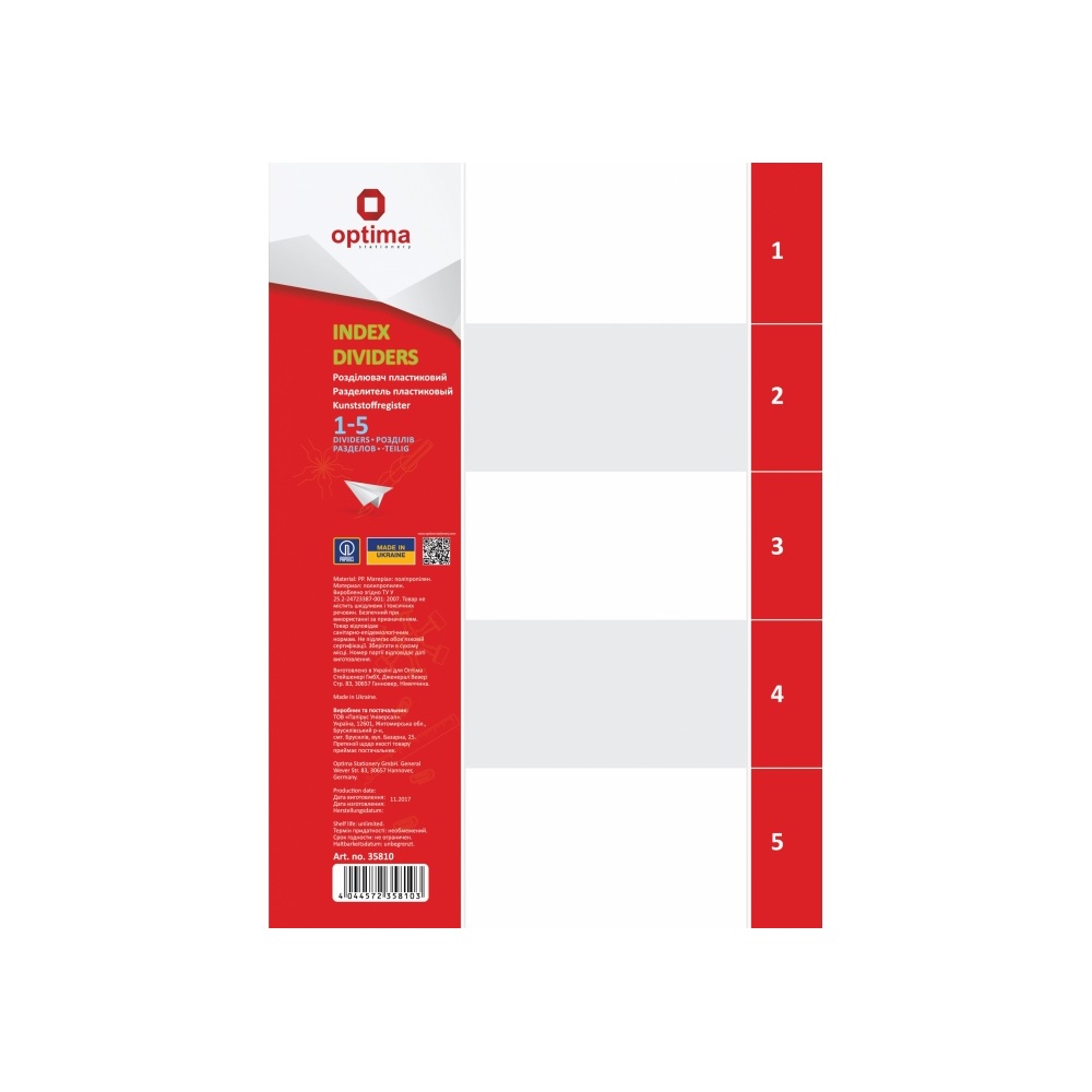 Elválasztólap, A4, PP prespán mintás 110 micron, 5 részes, Optima
