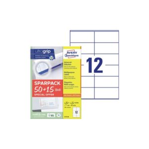 Etikett címke, 105x48mm, univerzális, 65 lap, 12 címke/lap Avery, fehér