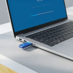 Laptop operációsrendszer-telepítéssel és USB-telepítővel