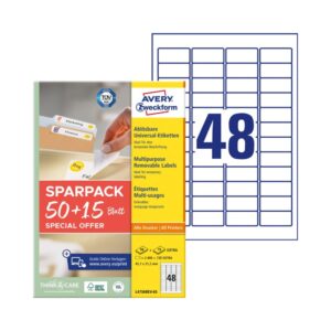 Etikett címke, 45,7x21,2mm, univerzális, 65 lap, 48 címke/lap Avery, fehér