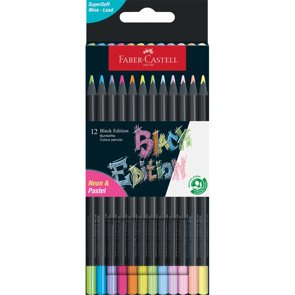 Színes ceruza készlet háromszögletű BLACK EDITION Faber-Castell neon+pasztell fekete test 12klf. szín - Image 2